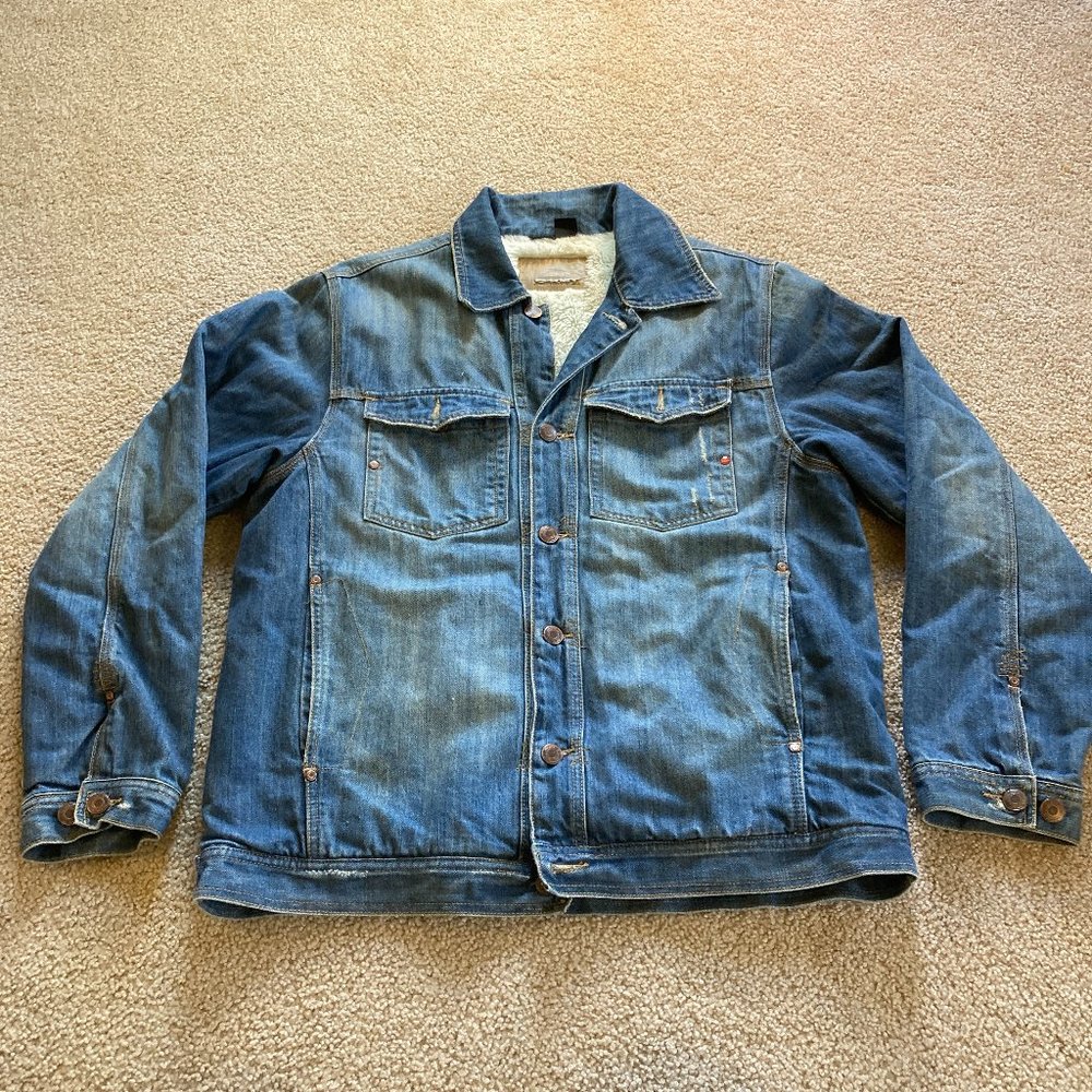 Oakley Denim Jean Jacket Mens Medium M Trucker Blue Sherpa Lined Long Sleeve